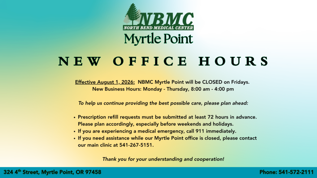 Myrtle Point lab hours changing to Monday-Thursday 8am-4pm